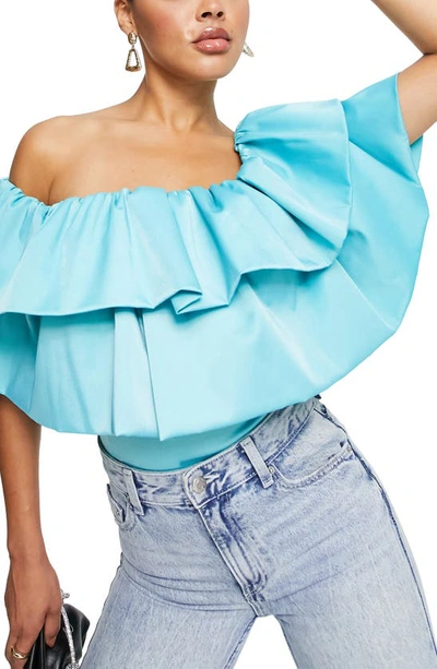 Asos Design Going Out Ultimate Off Shoulder Double Ruffle Bodysuit In Blue