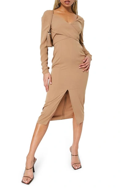 Asos Design Long Sleeve Tie Wrap Bodice Midi Pencil Dress In Beige-brown