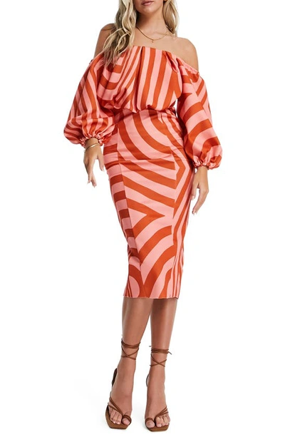 Asos Design Bardot Blouson Sleeve Midi Pencil Dress In Brown And Pink Stripe-multi