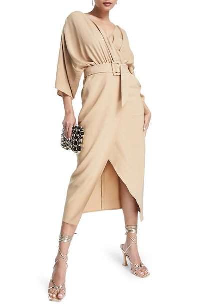 Asos Design Mixed Fabric Belted Wrap Skirt Midi Dress In Camel-neutral