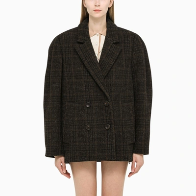 Miu Miu Oversized Double-breasted Jacket In Ebony Tartan In Brown