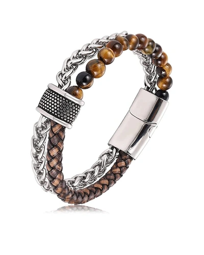 Stephen Oliver Stainless Steel Tiger's Eye Leather Bracelet In Silver