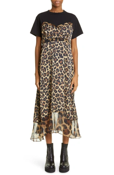 ■sacai■サカイ■Leopard Print Jersey & Satin Midi Dress■ Sacai Mixed-media Jersey Leopard-print Midi Dress In Animal