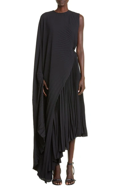 Balenciaga Asymmetric Pleated Cape Maxi Dress In Black