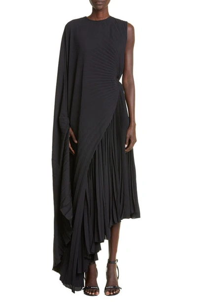 Balenciaga Asymmetric Pleated Cape Maxi Dress In Noir