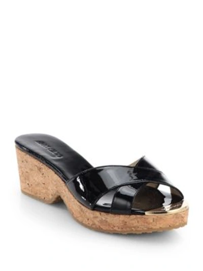 Jimmy Choo Prima Patent Leather Cork Wedge Sandals In Black