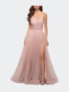 La Femme A Line Tulle Prom Dress With Sheer Bodice In Pink