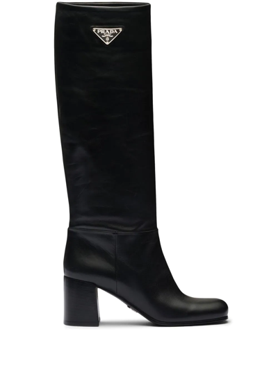 Prada Logo Plaque Leather Boots In Black