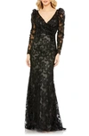 Mac Duggal Beaded Embroidered Lace Long Sleeve Sheath Gown In Black