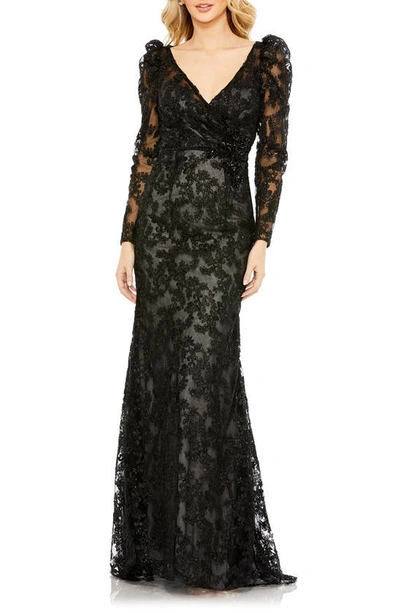 Mac Duggal Beaded Embroidered Lace Long Sleeve Sheath Gown In Black