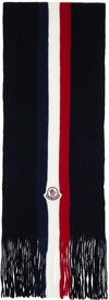 Moncler Logo Patch Tricolor Wool Scarf In Navy