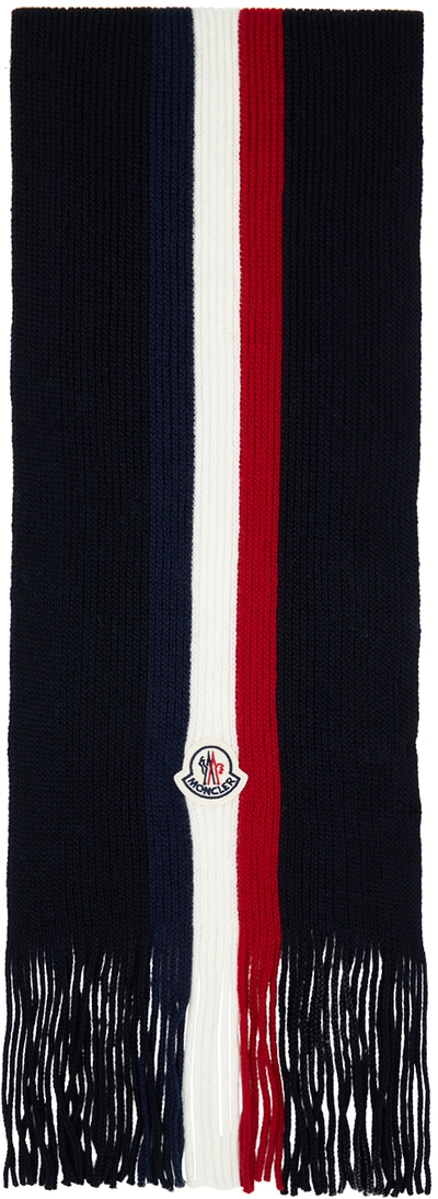 Moncler Logo Patch Tricolor Wool Scarf In Navy