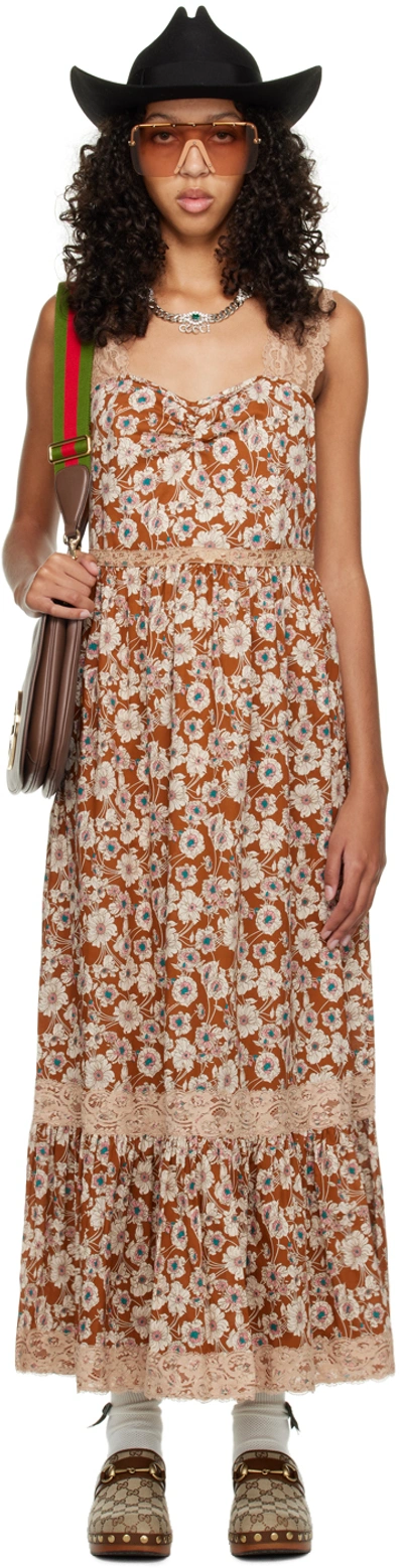 Gucci Floral-print Lace-trimmed Twill Dress In Beige