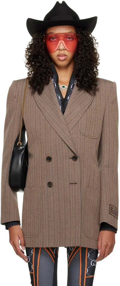 Gucci Double Breasted Herringbone Wool Coat In Brown