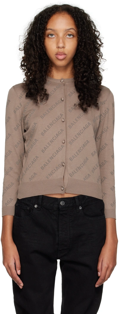 Balenciaga Woman Beige Knit Crop Cardigan With All-over Logo In Neutral