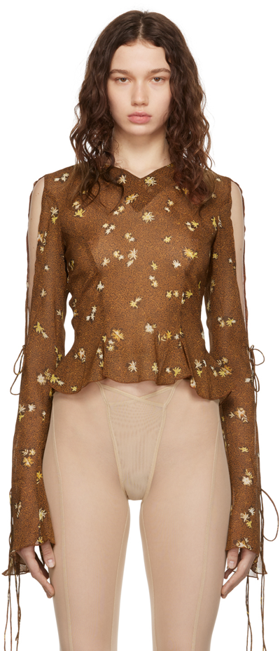 Knwls Floral-print Silk Blouse In Brown