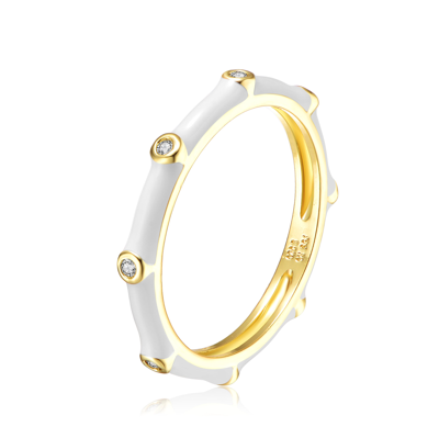 Rachel Glauber Rg 14k Gold Plated With Diamond Cubic Zirconia Pink Enamel Bamboo Kids/young Adult Stacking Ring In Multi