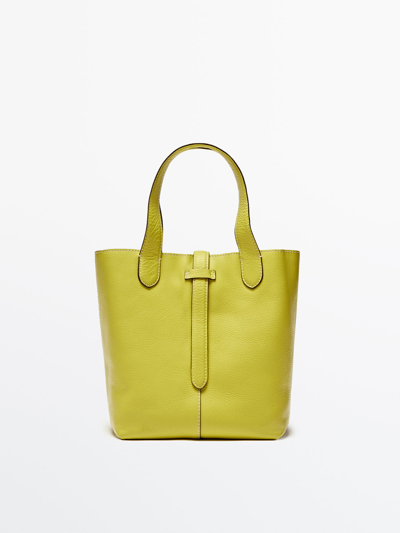 Massimo Dutti Leather Bucket Bag In Lime