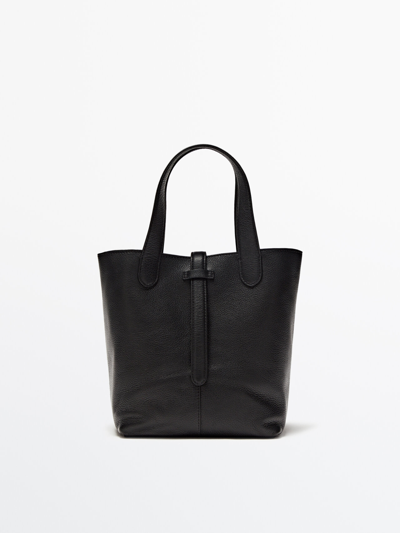 Massimo Dutti Leather Bucket Bag In Black