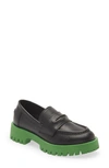 Steve Madden Lawrence Black And Green Color Block Leather Flatform Loafers In Black/green