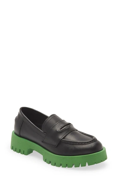 Steve Madden Lawrence Black And Green Color Block Leather Flatform Loafers In Black