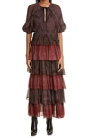 Ulla Johnson Emi Mixed Print Tiered Silk Dress In Garnet