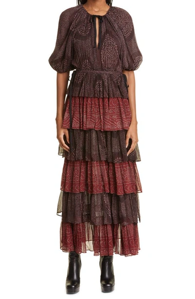 Ulla Johnson Emi Mixed Print Tiered Silk Dress In Burgundy