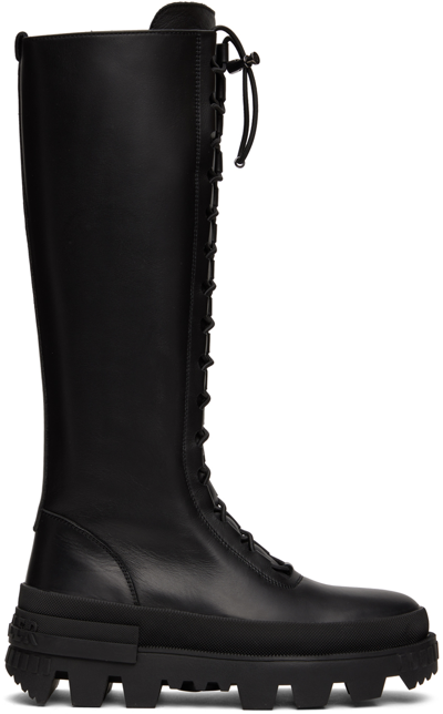 Moncler Vail Leather Lace-up Knee Boots In Black