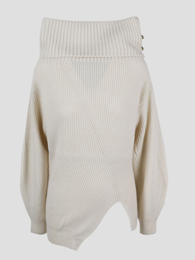 Stella Mccartney Asymmetric Embellished Ribbed Cashmere And Wool-blend Sweater In 9200 Cream