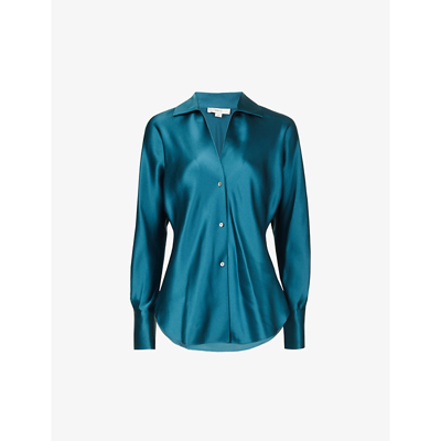 Vince V-neck Curved-hem Silk Shirt In Blue Waltz-413blw