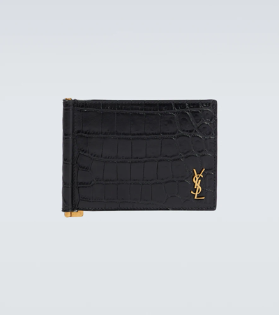 Saint Laurent Croc-effect Leather Wallet With Money Clip In Black