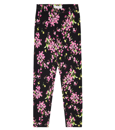 Monnalisa Kids' Floral Jersey Leggings In Nero+pink