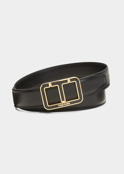 Tom Ford Men's T-buckle Grained Leather Belt In Black
