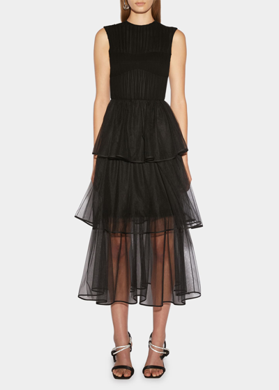 Jonathan Simkhai Benton Tiered Tulle Plisse Midi Dress In Black