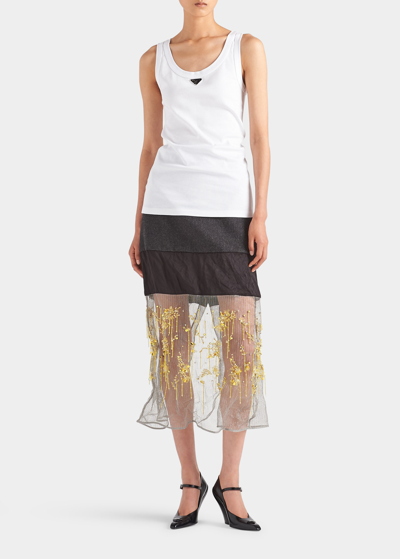 Prada Mixed-media Embellished Midi Skirt In F0y06 Acciaio Ard
