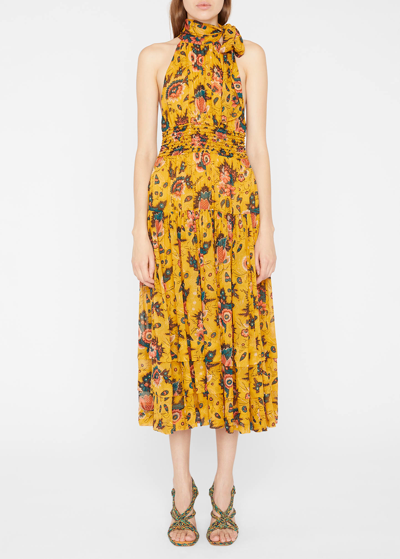 Ulla Johnson Maya Neck-tie Midi Floral Silk Dress In Yellow