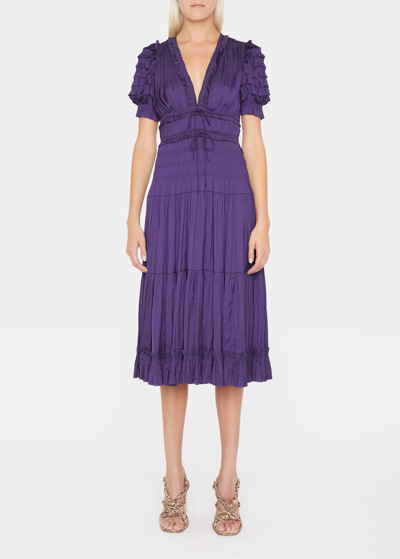Ulla Johnson Carine Plisse V-neck Midi Dress In Purple
