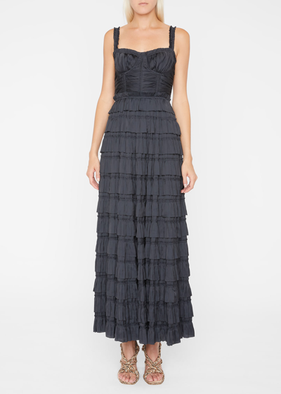 Ulla Johnson Camille Pleated Tiered Ruffle Gown In Black