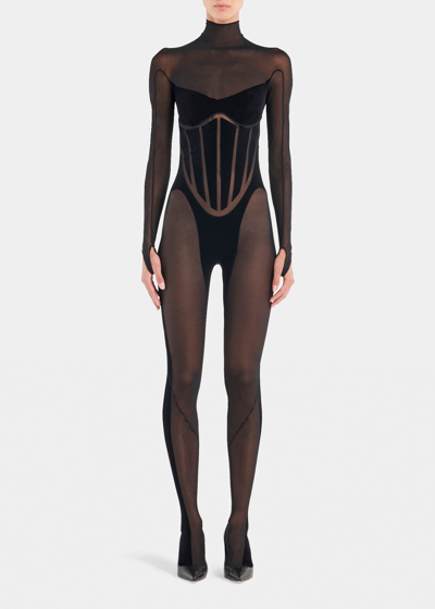 Wolford + Mugler Flocked Stretch-tulle Turtleneck Jumpsuit In Black