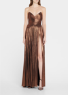 Retroféte Retrofete Waldorf Strapless Metallic Ruched Side-slit A-line Gown In Coffee Bean