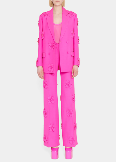 Valentino Flower Applique Wide-leg Crepe Trousers In Pink