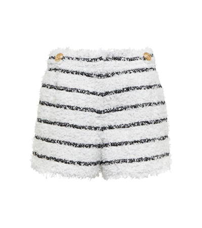 Balmain Cotton Blend Tweed Striped Mini Shorts In White