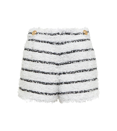 Balmain High Waist Button Accent Striped Tweed Shorts In White