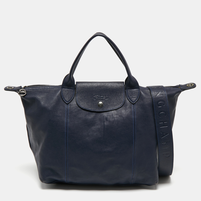 Pre-owned Longchamp Navy Blue Soft Leather Medium Le Pliage Tote