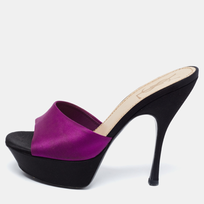 Pre-owned Saint Laurent Purple/black Satin Platform Slide Sandals Size 37.5