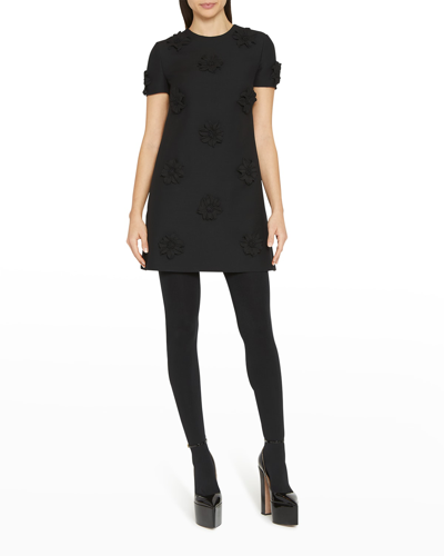 Valentino Flower Applique Crepe Mini Dress In Black