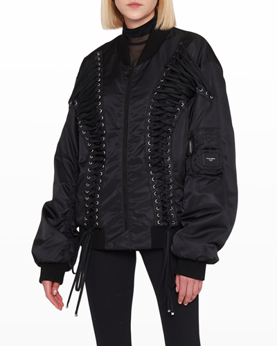 Dolce & Gabbana Lace-up Technical Fabric Bomber Jacket In Black