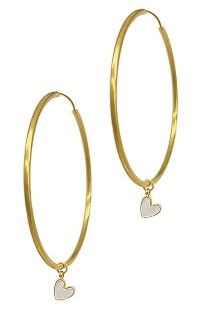Adornia 14k Yellow Gold Plated Mother Of Pearl Heart Hoop Earrings In White