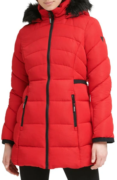 Guess Faux Fur Trim Hooded Puffer Jacket In Red ModeSens
