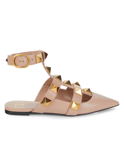 Valentino Garavani Women's Rockstud Leather Ankle Strap Flats In Pink